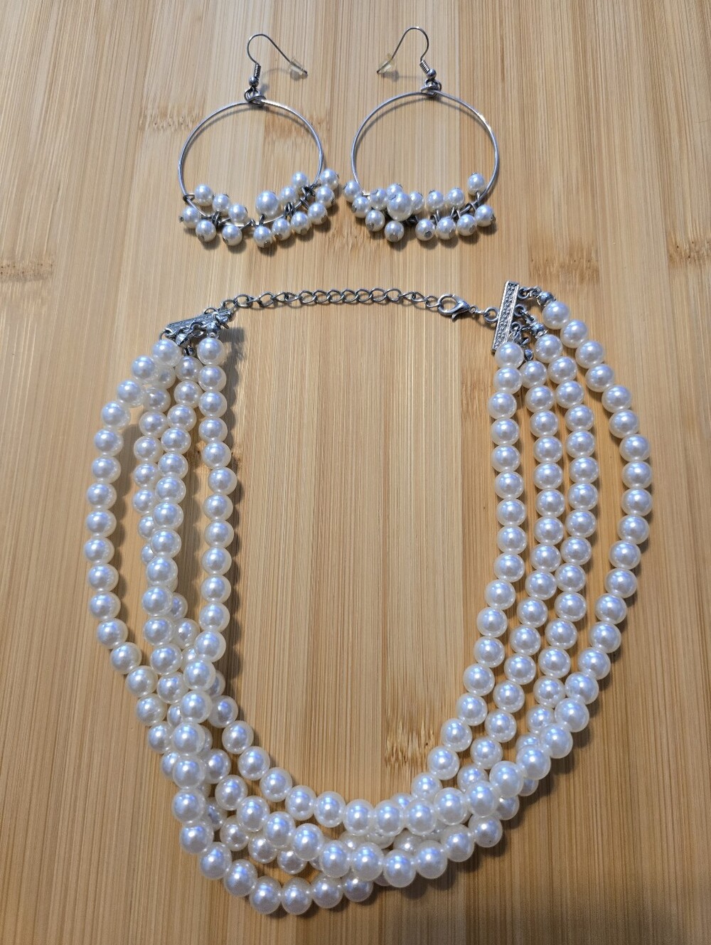 Classic White Faux Pearl Multi Strand Layered Statement Necklace Hoop Earrings